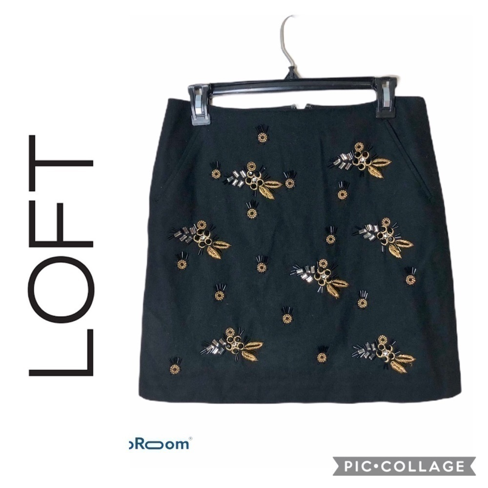 Loft Wool Blend Skirt Attached Beaded Design NWT 2 Black Gold Floral Leaf